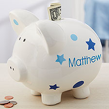 Personalized Piggy Bank For Boy - Blue Polka Dot - 18609