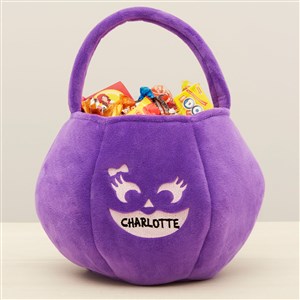 Jack-o'-Lantern Faces Embroidered Plush Halloween Treat Bag-Purple - 43335-PU