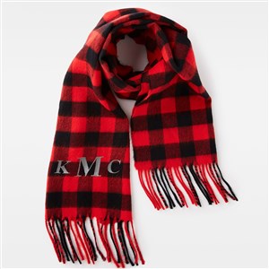 Embroidered Soft Fringe Scarf in Black and Red Buffalo Plaid - 45976