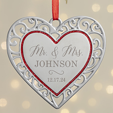 Mr. & Mrs. Personalized Silver Heart Ornament  - 38392