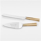 Engraved Wedding Gold Hammered Cake Knife and Server Set - 41959