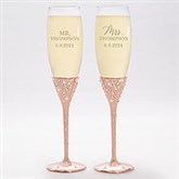 Etched Wedding Rose Gold Champagne Flute Set - 42495