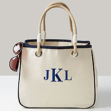 Navy Embroidered Canvas Rope Tote Bag  - 43279