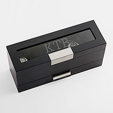 Engraved Monogram Black Wooden Watch Box with Drawer - 43512