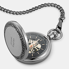 Engraved Gunmetal Skeleton Dial Pocket Watch and Box   - 45927