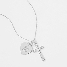 Engraved Sterling Silver Pave Cross and Heart Swing Necklace - 46137