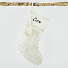 Embroidered Basket-weave Knit Stocking in Cream  - 51342