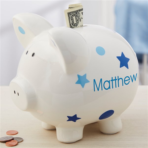 Personalized Piggy Bank For Boy - Blue Polka Dot - 18609