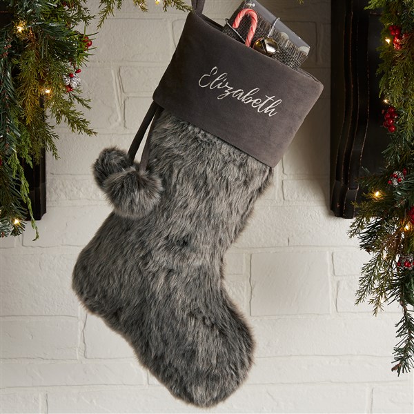 Embroidered Faux Fur Christmas Stocking - 20986