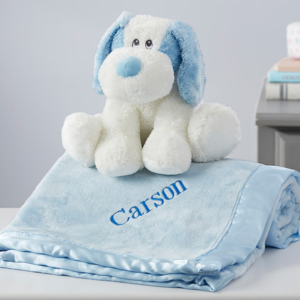 Embroidered Satin Trim Baby Blanket with Plush Puppy Set - 32706