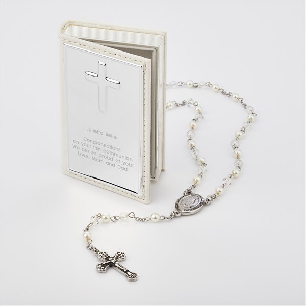 Engraved Children's Pearlescent White Rosary and Keepsake Box - 41825