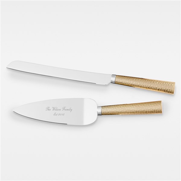 Engraved Family Gold Hammered Cake Knife and Server Set - 42010