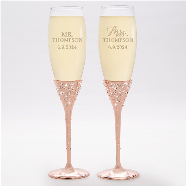 Etched Wedding Rose Gold Champagne Flute Set - 42495