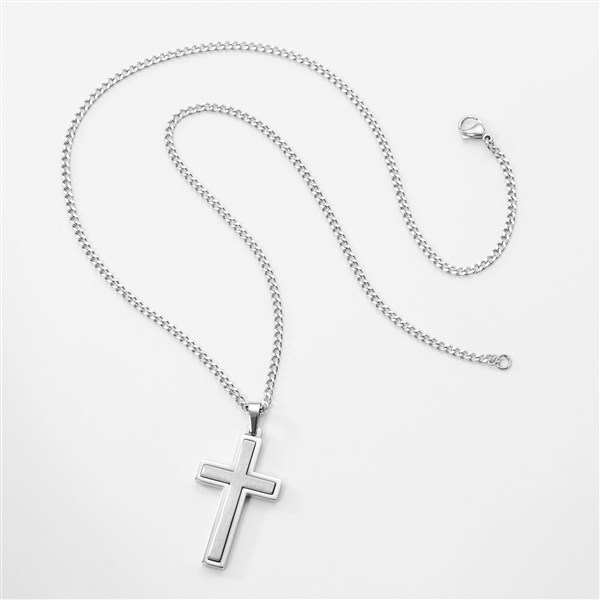 Engraved Two Tone Brushed Stainless Cross Necklace - 46090