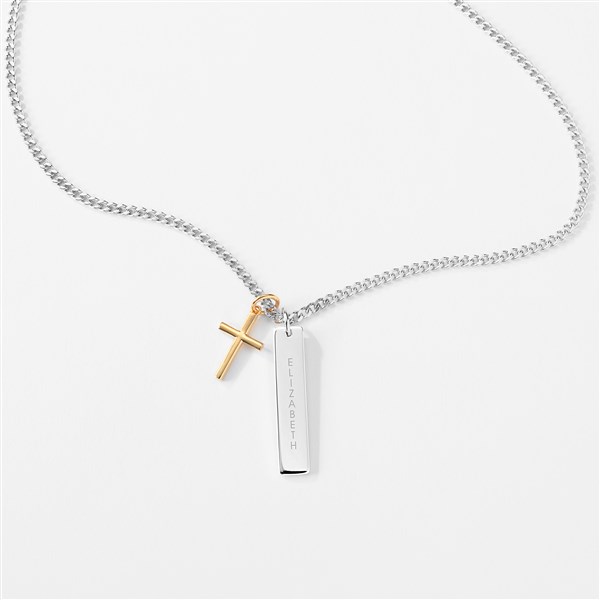 Engraved Two Tone Sterling Cross and Bar Necklace - 46119