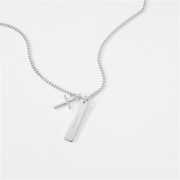 Engraved Sterling Silver Cross and Bar Necklace - 46120