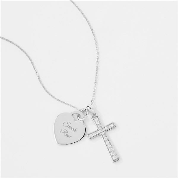 Engraved Sterling Silver Pave Cross and Heart Swing Necklace - 46137