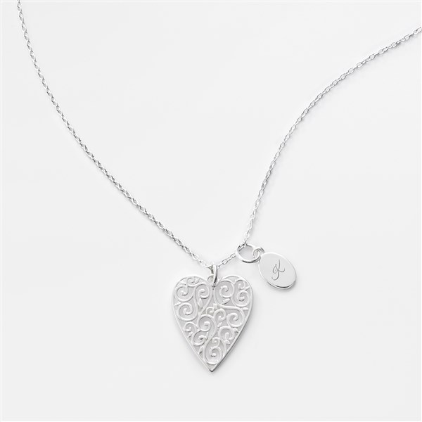 Engraved Sterling Silver Filigree Heart Necklace - 46269