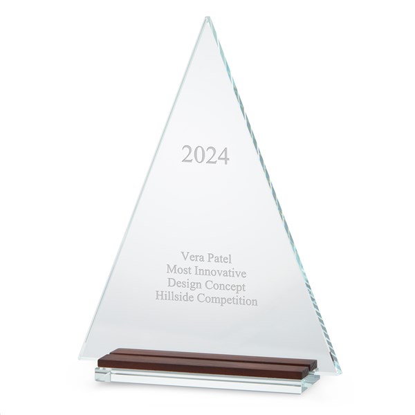 Engraved Large Triangle Glass Award with Wood  - 48475