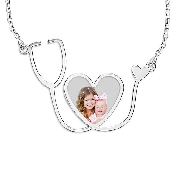 Personalized Nurse Stethoscope Heart Photo Pendant - 48690D