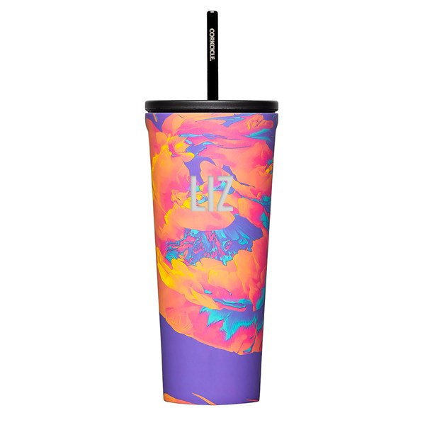 Engraved Corkcicle Monogram 24oz Cold Cup with Straw in Super Bloom     - 50329