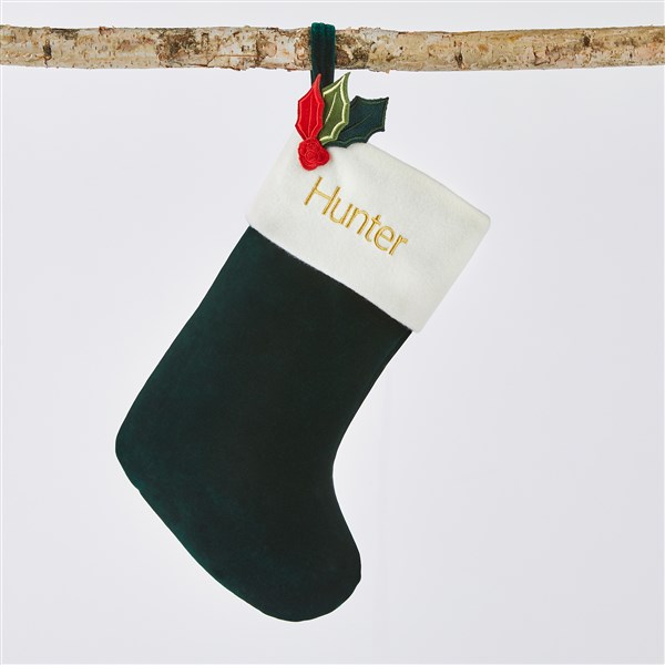 Embroidered Classic Velvet 15&quot; Stocking in Dark Green   - 51336