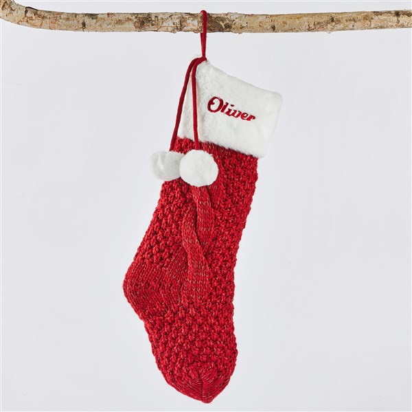 Embroidered Red Sparkle Cable Stocking with Fur Cuff     - 51338