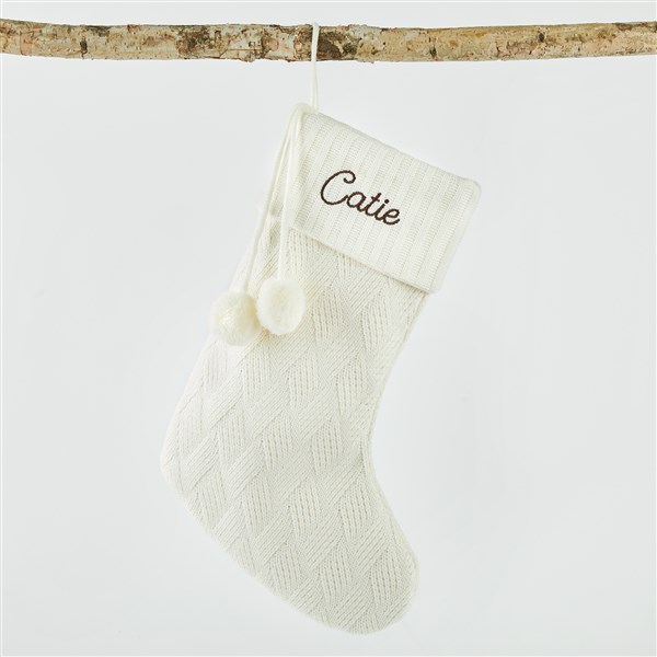 Embroidered Basket-weave Knit Stocking in Cream  - 51342