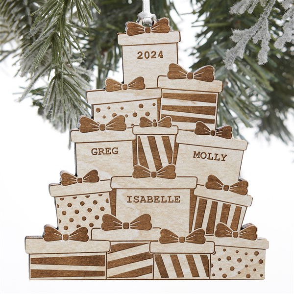 Kittenish Engraved Wood Presents Tower Ornament  - 52250