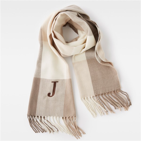 Kittenish Embroidered Soft Fringe Scarf in Neutral Plaid   - 52644